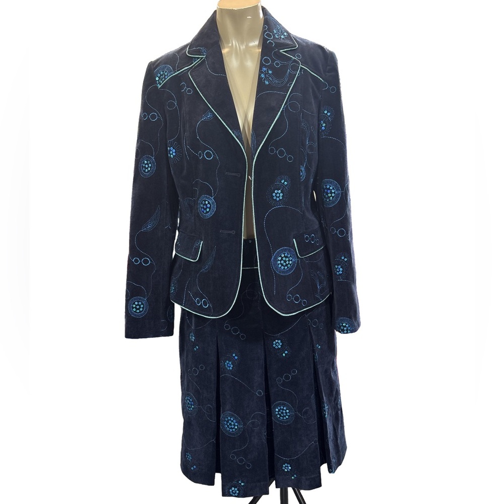 Women's Navy Blue Embroidered Jacket & Skirt Set